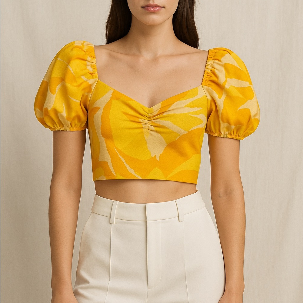 Zara Yellow and Cream Puff Sleeve Crop Top